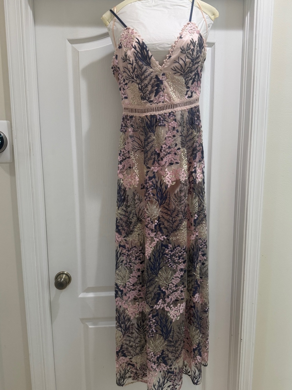 Aqua Pink and Navy Embroidered Maxi Dress